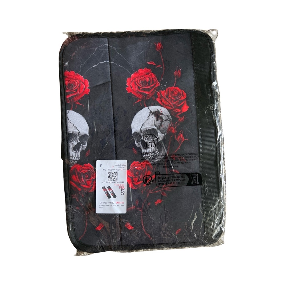 Skull & Red Rose Car Seat Belt Pads Gothic Auto Accessories - Picture 2 of 3